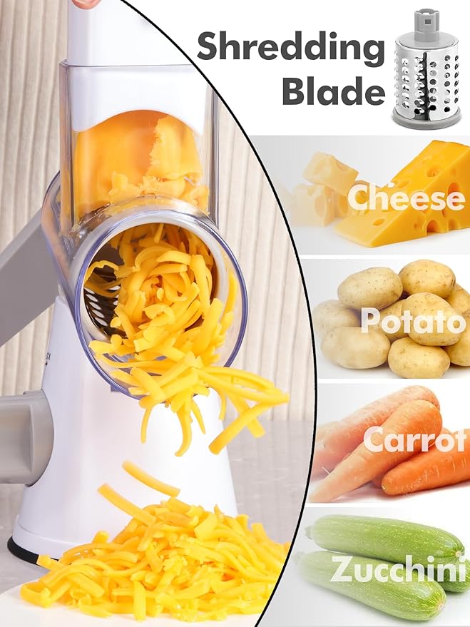 Rotary Cheese Grater with Handle - 3 in 1 Cheese Shredder Rotary Grater Stainless Steel Handheld, Vegetable Slicer for Fruit, Cheese, Nuts(White)