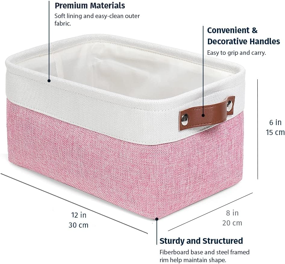 OrganiHaus Small Fabric Storage Bins for Shelves 6 Pack, 12x8in Closet Storage Bins for Shelves, Cloth Baskets for Organizing, Linen Closet Organizers, Fabric Basket, Pink/White