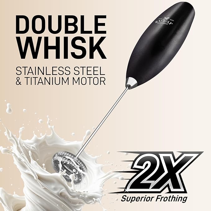 Zulay Kitchen Powerful Double Whisk Milk Frother Handheld - Foam Maker With Stand - Whisk Drink Mixer for Coffee, Mini Foamer for Latte, Matcha, Frappe, Hot Chocolate & Cappuccino (Metallic Black)