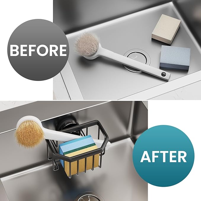 TAILI Sponge Holder with Strong Suction Cup, Dish Sponge Caddy Inside Sink Removable, Rustproof Aluminum for Sponges, Brushes, Stoppers and Scrapers - Black