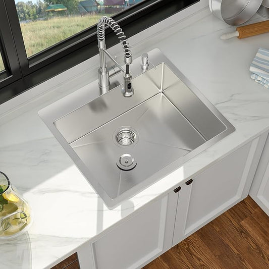 25 Drop In Kitchen Sink - 25 x 22 Inch Stainless Steel Kitchen Sinks Topmount 16 Gauge Single Bowl Above Counter Handmade Bar Sink with Offset Drainer
