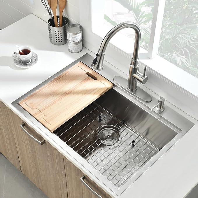 33x22 Drop In Kitchen Sink 16 Gauge Stainless Steel Workstation Kitchen Sink 10 Inch Deep Top Mount Single Bowl 2 Holes (33"x22"10")