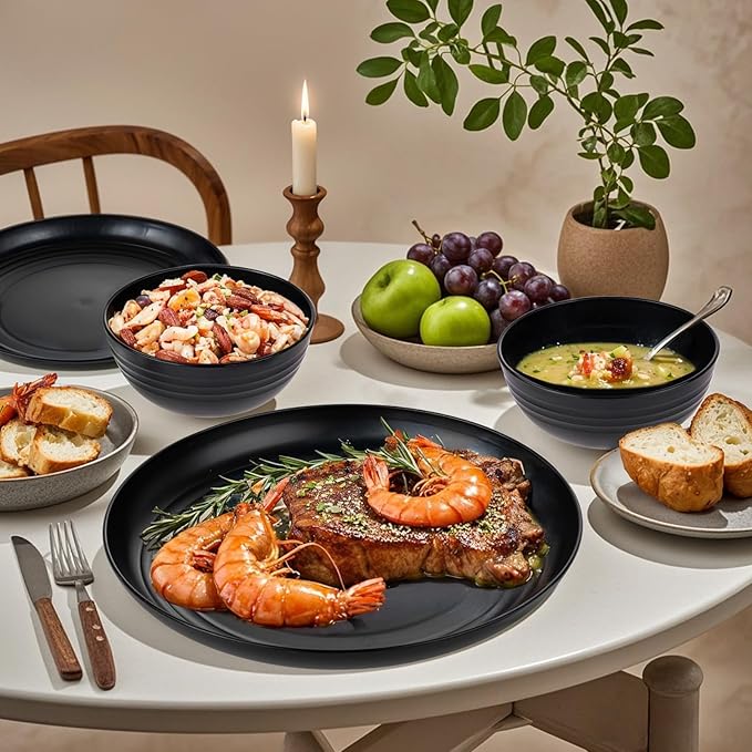 supernal 24pcs Wheat Straw Dinnerware,Unbreakable Dinner Plates Set,Microwave Dishwasher Safe,Black Reusable Plates for Picnic,Birthday,Camping