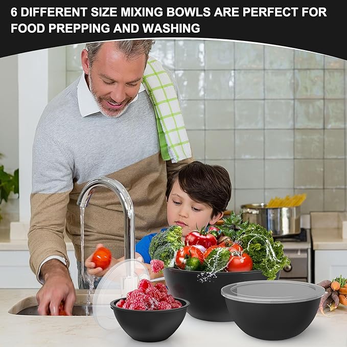 6-Piece Plastic Mixing Bowl Set with Lids for Kitchen, Nesting Storage Bowls for Baking, Prepping,Cooking and Serving Food, Dishwasher, Microwave Safe,Great for Mixing & Serving(6 Set-Black)