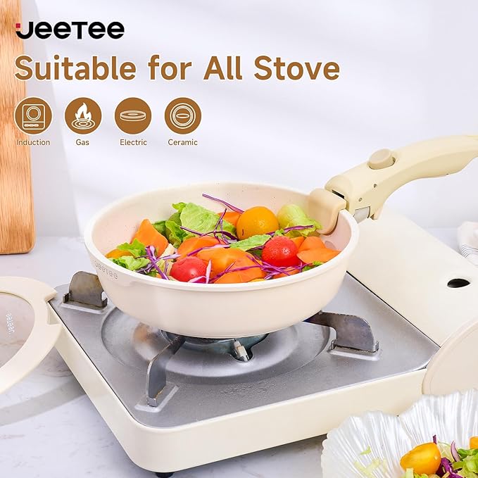 JEETEE Nonstick Pots and Pans Set with Removable/Detackable Handle (Beige, 25 Pieces)