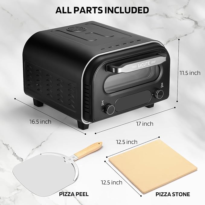 Lagute Indoor Pizza Oven, 12 Inch Electric Countertop Pizza Maker with 6 Preset Modes, 850°F High Heat in 90 Seconds, Dual Heating Components, Pizza Stone & Peel Included