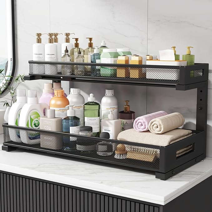 1 Pack 20.47IN Depth Under Sink Storage Organizer, Large 2-Tier Elegant Mesh Pull Out Shelf for Kitchen and Bathroom Cabinet Organization, L-Shaped and Adjustable Height Design-Black