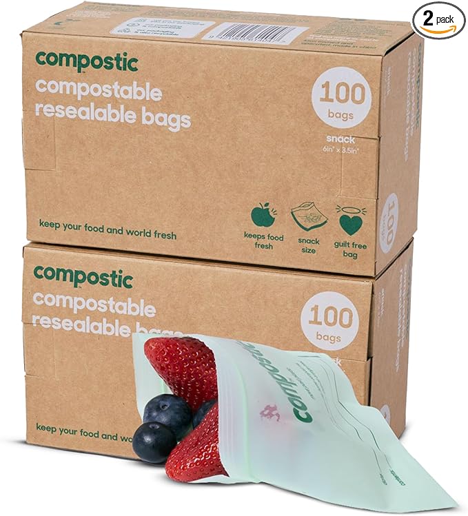 Compostic Home Compostable Resealable Snack Bags (6"x 3.5"), Microwave & Freezer Safe, Organic Food Storage Container, 100 Count (Pack of 2)