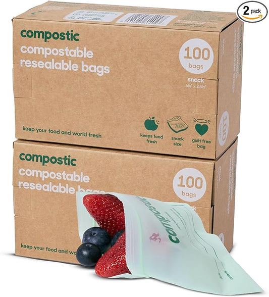 Compostic Home Compostable Resealable Snack Bags (6"x 3.5"), Microwave & Freezer Safe, Organic Food Storage Container, 100 Count (Pack of 2)