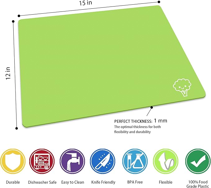 ZVP Flexible Plastic Cutting Board Mats Set of 5, Colorful Chopping Boards with Food Icon for Kitchen, BPA Free, Non-Slip Back, Non Porous, Dishwasher Safe Rainbow