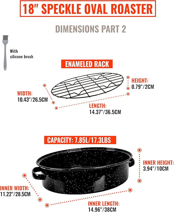Enamel Granite Roasting Pan with Lid 18 Inch with Rack, Extra Large Deep Oven Baking Pot, NonStick Oval Carbon Steel Potato Roaster Pan for Turkey Chicken Steak NonToxic Perfect for Party Thanksgiving