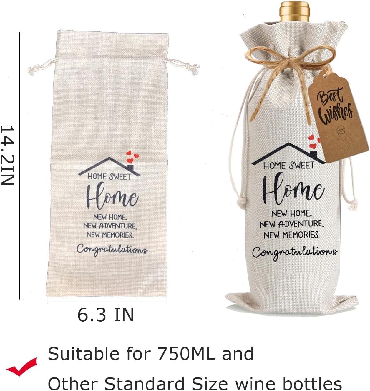 Julont 1Pcs Housewarming Gifts New Home Wine Bag,Perfect Gifts for New Homeowners, Realtor Gift to Clients,New Home Wine Bag For Friends, with 1Pcs Kraft Blessing Cards and natural jute rope