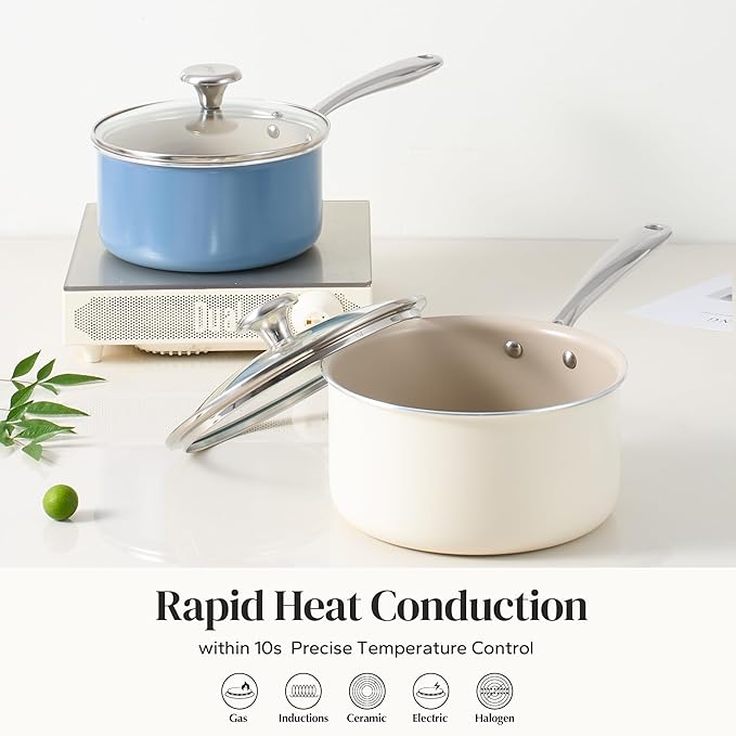 Redchef Ceramic Sauce Pan with Lid, 2.5QT Small Saucepan, Nonstick Cooking Pot with Stay-Cool Handle, Kitchen Non Toxic Soup Pot, PTFE & PFOA Free, Oven Dishwasher Safe, Compatible All Stovetops-Beige