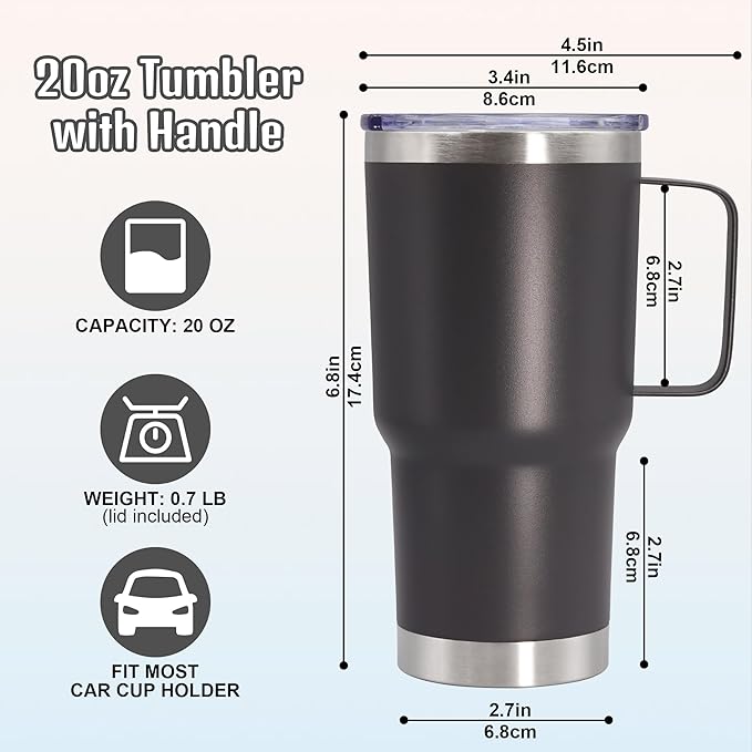 20 oz Tumbler with Handle and Lid, Stainless Steel Tumbler Insulated Travel Coffee Mug, Spill Proof Double Wall Vacuum Tumbler Cup Keep Drink Hot & Cold, Grey, 12 Pack