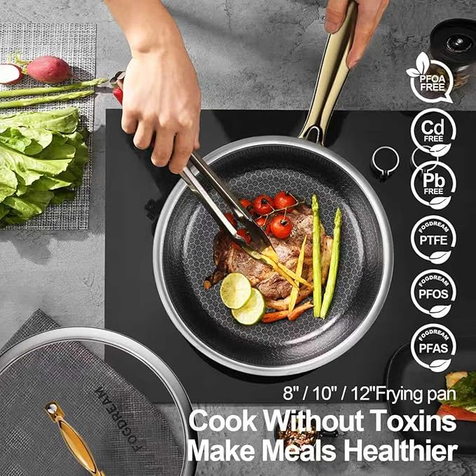 Fogdream 8” Pots and Pans Set Non Stick, Stainless Steel Pan with Lid, Dishwasher and Oven-Safe Frying Pan, PFOA Free and Induction Compatible Cookware Set, Gold