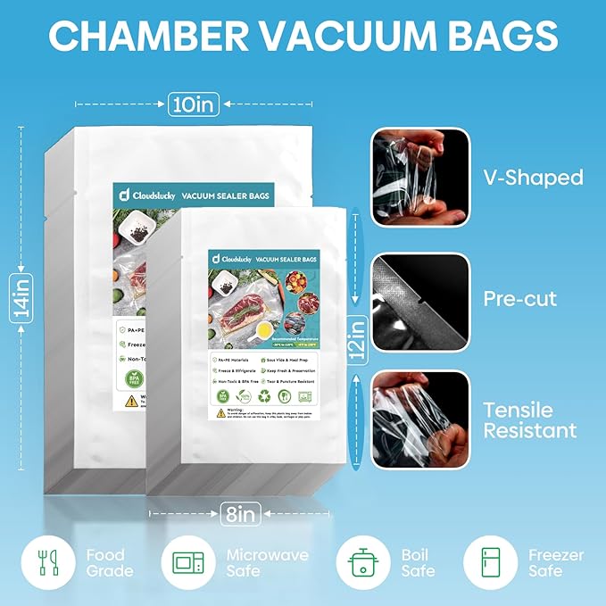 Chamber Vacuum Sealer Bags,8"x12" 200 Pcs Pre-cut Chamber Machine Pouches,Heavy Duty Chamber Vacuum Bags for Commercial Sealer,Food Storage,Meal Prep,Sous Vide,Meat Cheese Goods, BPA Free