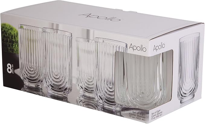 Glaver's Drinking Glasses Set of 8. 17oz Vintage Drinking Cups. Ripple Cocktail Glasses, Ribbed Drinking Highball Glass Cups. Arch Designed Art Deco Glassware for Water Juice Coffee. Package may Vary