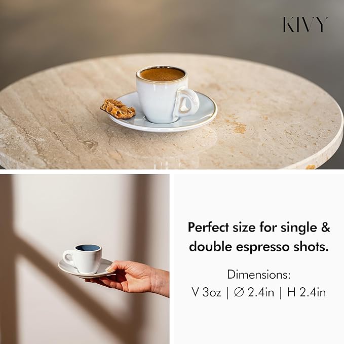 KIVY 3 oz Espresso cups set of 4 - Thick walled stoneware espresso cup set - Italian style espresso cups and saucers - Expresso shots cup - Small coffee mugs and saucers - Blue