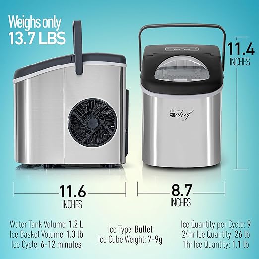 Deco Compact Countertop Ice Maker, 26LBs in 24HRs, 9 Bullet Ice Cubes Ready in 6 Minutes, Lightweight and Portable with Handle, Ice Basket, and Ice Scoop, Stainless Steel