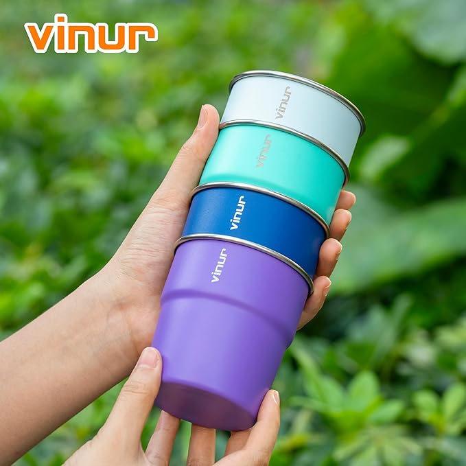 VINUR 8 oz Stainless Steel Cups Tumbler Stackable Metal Drinking Glasses for Travel, Camping, Outdoors, 4 Pack (Baby Blue-Navy-Teal-Purple)