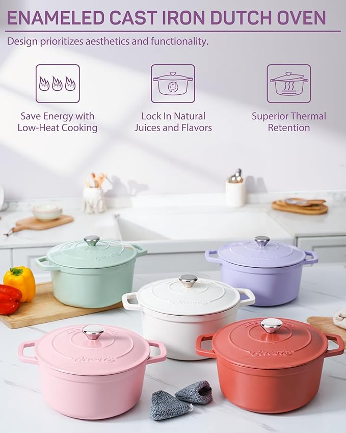 Enameled Cast Iron Dutch Oven – 4.4 Quart Pot with Lid & Potholders – Heavy-Duty Cookware for Bread Baking, Braising, Stews & Roasting – Oven & Stovetop Safe up to 500°F – Purple