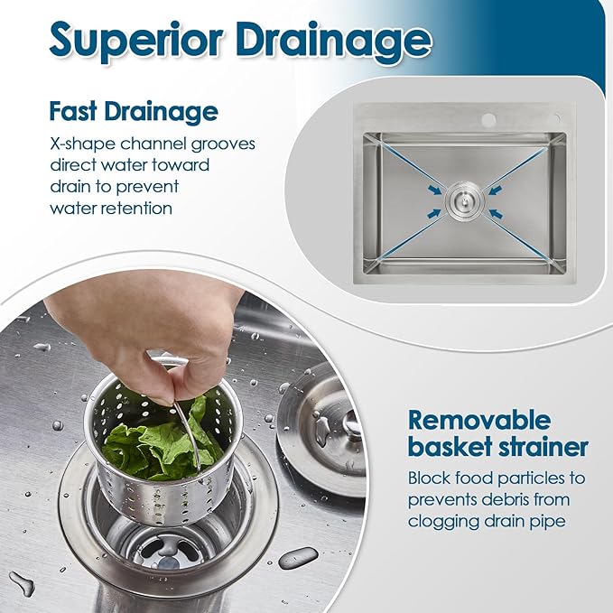 ROVOGO 24 inch Kitchen Sink Drop in, 304 Stainless Steel Single Bowl Top Mount, 9 inch Deep Modern Sink for Kitchen, Brushed, 24"x18"x9"