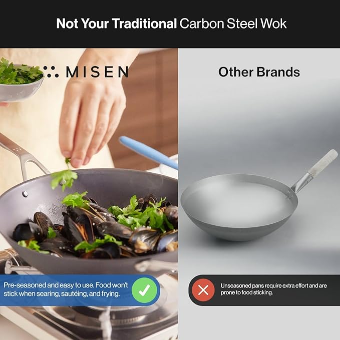 Misen Pre-Seasoned 12" Carbon Steel Wok - Naturally Nonstick - Perfect Size for Any Home Kitchen - Small Flat Bottom - Ergonomic, Stay-Cool Handles - Ready to Use, Compatible with All Cooktops