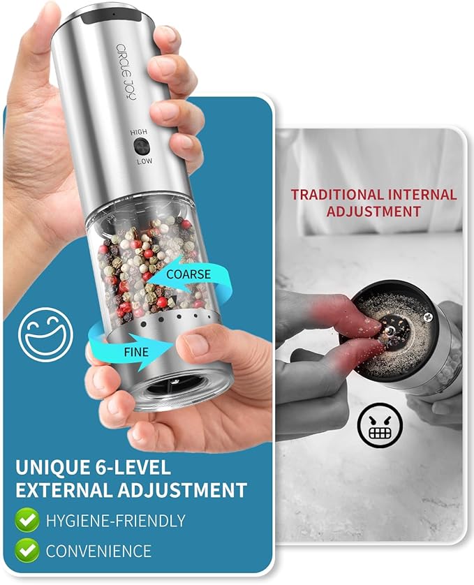 CIRCLE JOY Rechargeable Salt and Pepper Grinder Set Stainless Steel Electric Pepper Grinders with Variable Grinding Speed, External Adjustable Coarseness, Charging Base and White LED Light, Silver