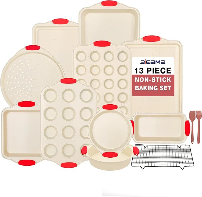 13-Piece Baking Pans Sets, Nonstick Bakeware Sets, BPA-Free Carbon Steel Stackable Bakeware Set, Cream