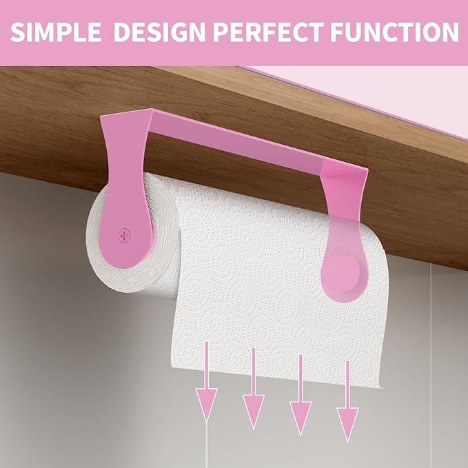 Pink Paper Towel Holder Under Cabinet, Pink Kitchen Accessories Decor, Stainless Steel, Wall Mount Paper Roll Holder for Bathroom, Adhesive or Screws