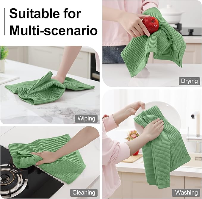 Homaxy Premium Kitchen Towels (18"x 28", 8 Pack), Large 100% Cotton Kitchen Hand Towels, Ultra Absorbent Ribbed Terry Tea Towels Set with Hanging Loop, Grass Green