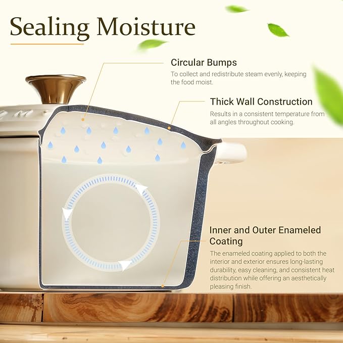 Overmont Enameled Cast Iron Dutch Oven - 4.5QT Pot with Lid Cookbook & Cotton Potholders - Heavy-Duty Cookware for Braising, Stews, Roasting, Bread Baking Cream White