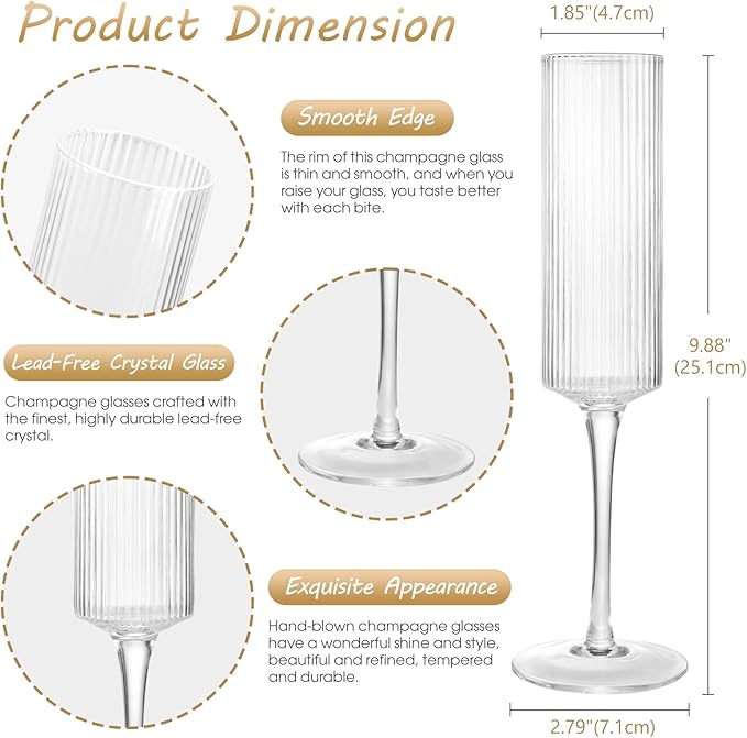 Topsky Ribbed Champagne Flutes, Set of 4, 8 oz Crystal Vintage Ridged Design, Clear Mimosa or Wedding Toasting Glasses