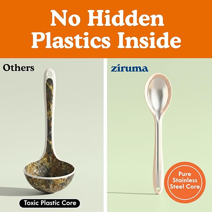 Non-Toxic Platinum Silicone Kitchen Utensil Set of 2 – Non-Scratch Cooking Spoon & Spatula, 100% Plastic Free, Stainless Steel Core, Heat Resistant 500°F, Beige