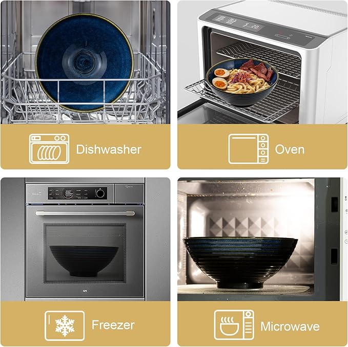 8 Inch Ceramic Ramen Bowl Set of 2, 40oz Japanese Bowls with Spoons & Chopsticks,Durable,Microwave & Dishwasher Safe,Perfect for Ramen,Pho,Salad,Soup,Noodles，Mixing bowls（Blue Topaz）