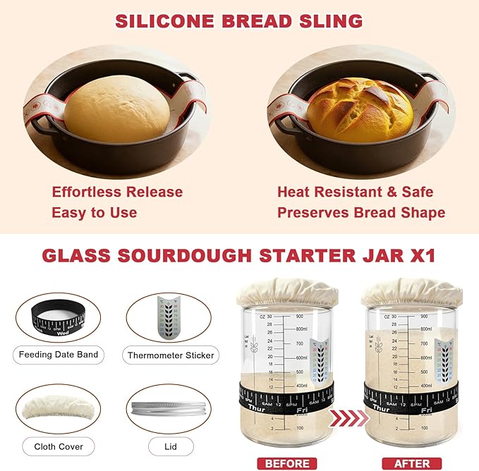 Sourdough Bread Baking Supplies, Sourdough Starter Kit with Cotton Rope Oval & Round Bread Proofing Basket and Sourdough Starter Jar, Artisan Bread Making Kit Ideal Gift for Bakers, Women Wife Mom