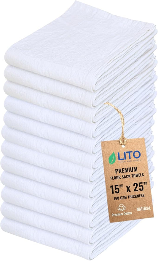 Flour Sack Towels | Tea Towel for Crafts| Kitchen Dish Cotton Blank Towel for Embroidery| Baking Bread Proofing Linen Cover| Thick Absorbent Quick Dry| 12 Pack 15"x 25" Natural