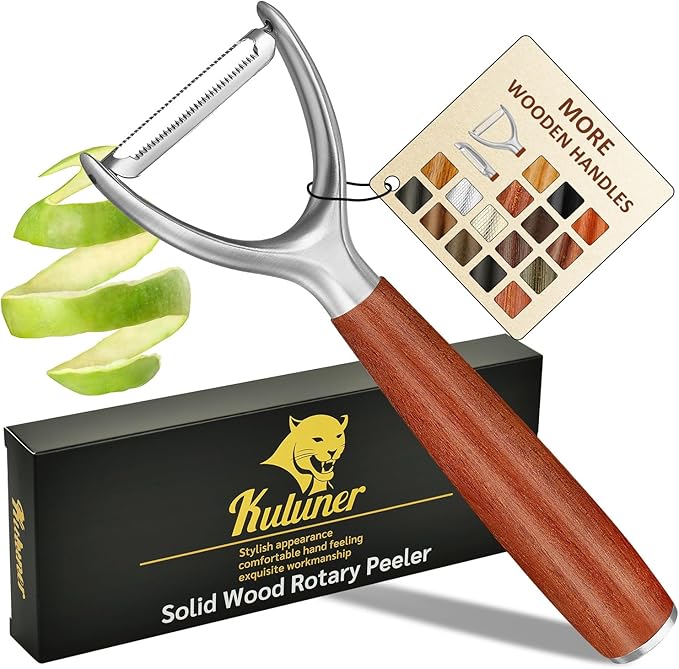 Premium high-end rosewood handle and 304 stainless steel serrated blade - ultra-sharp KULUNER Y-shaped rotary peeler for potatoes, fruits and vegetables, ergonomically designed for easy peeling