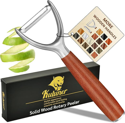 Premium high-end rosewood handle and 304 stainless steel serrated blade - ultra-sharp KULUNER Y-shaped rotary peeler for potatoes, fruits and vegetables, ergonomically designed for easy peeling