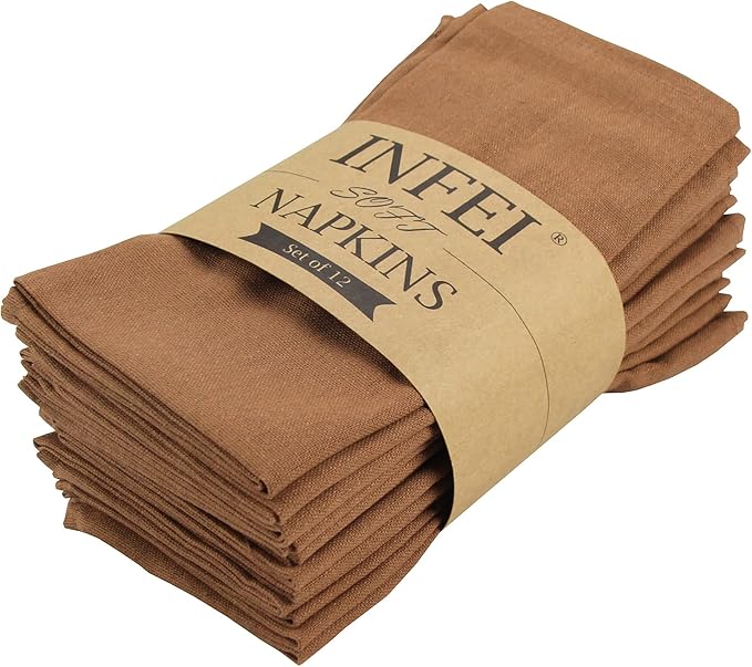 Solid Color Linen Blended Thin Dinner Cloth Napkins - Pack of 12 (40 x 40 cm) - for Events & Home Use (Coffee)