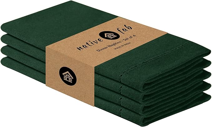 Native Fab Cloth Napkins Set of 4, Hemstitched Edges 100% Cotton, Washable Fabric Napkins, 18x18 inch, Soft, Comfortable, Reusable Table Napkins for Lunch, Parties, Events, Dinner - Forest Green
