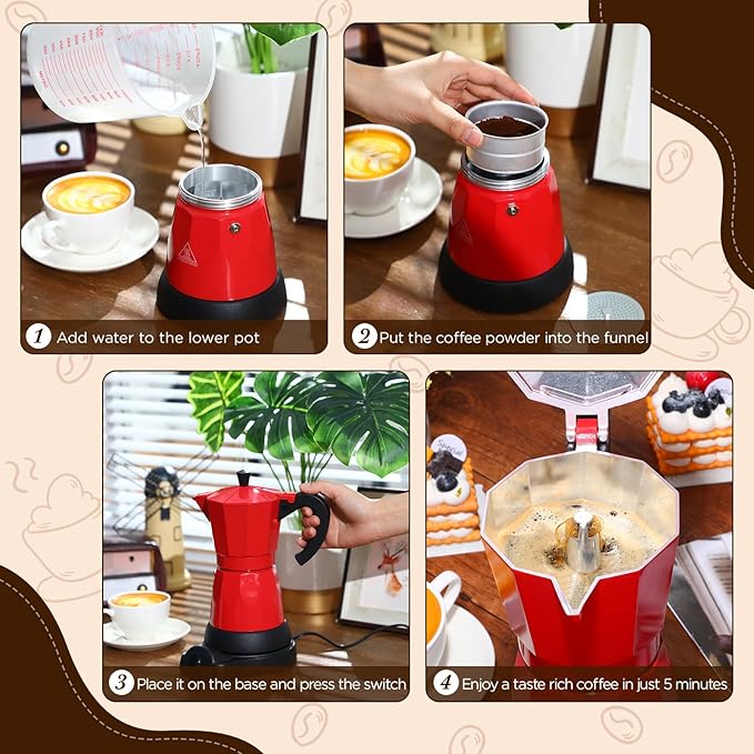 Coffee Pot 6 Cup Electric Espresso Coffee Maker Italian Moka Maker 300ml Portable Aluminum Espresso Machine Cafetera Moka Pot with Detachable Base, Gift for Home Travel(Red)