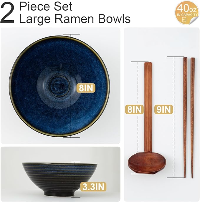 8 Inch Ceramic Ramen Bowl Set of 2, 40oz Japanese Bowls with Spoons & Chopsticks,Durable,Microwave & Dishwasher Safe,Perfect for Ramen,Pho,Salad,Soup,Noodles，Mixing bowls（Blue Topaz）