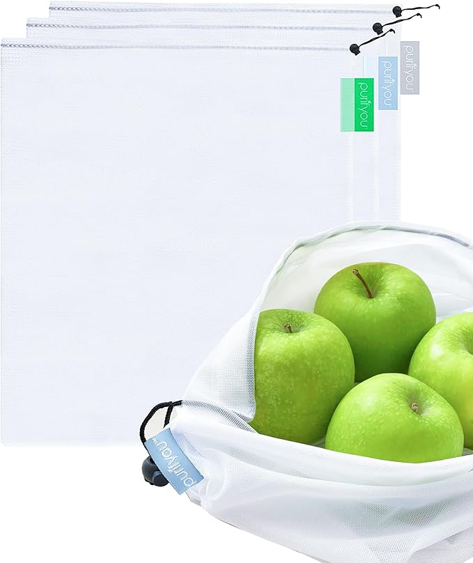 purifyou Set of 3 Premium Reusable Produce Bags, Washable Farmers Market Bags for Fruits, Vegetables, Groceries, Kitchen Storage, Home Storage, Toy Organizer, Lightweight Mesh Bags (12x14in)