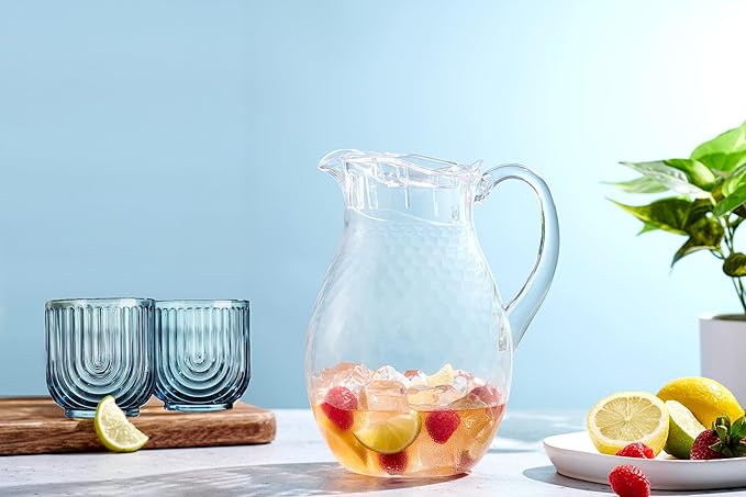 Glaver's Double Old Fashioned Rock Glasses, Set of 4 Blue Whiskey Glasses, 11 oz Art Deco U-Shape Design Embossed Everyday Home Bar Glassware. Art Deco Elegant Kitchen Drinking Glasses.