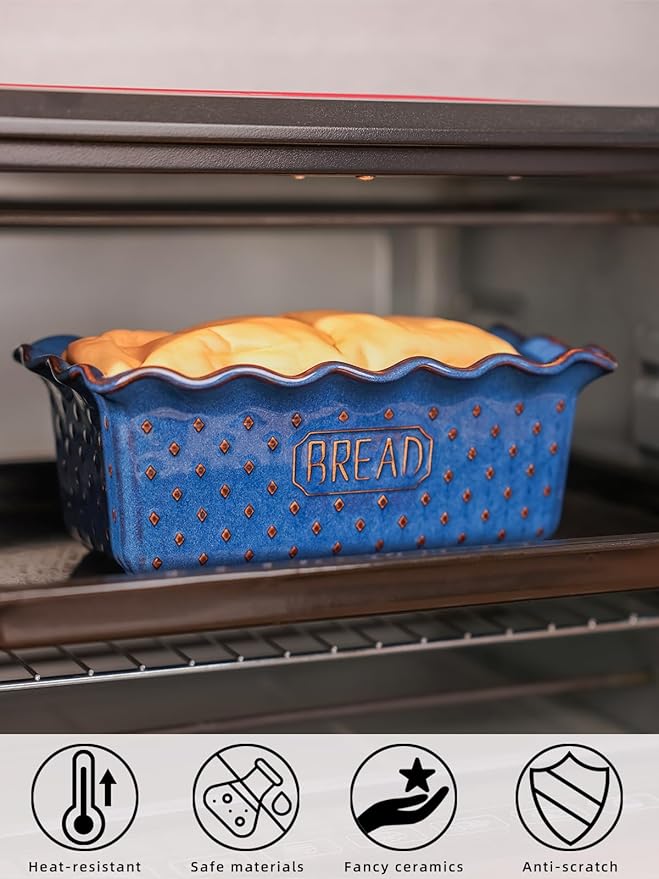 Ceramic Loaf Pan for Baking Bread, 9 x 5 Inch, Nonstick Bread Pans for Cooking, Microwave & Dishwasher Safe, Rectangular Mold (Vintage Blue)