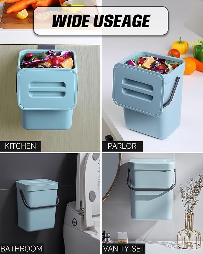 1.3 Gallon Small Trash Can with Lid - Countertop Food Waste Bin, Kitchen Hanging Trash Can for Cabinet Door/Under Sink, Small Garbage Can for Desk, 5L(Subtle Blue)