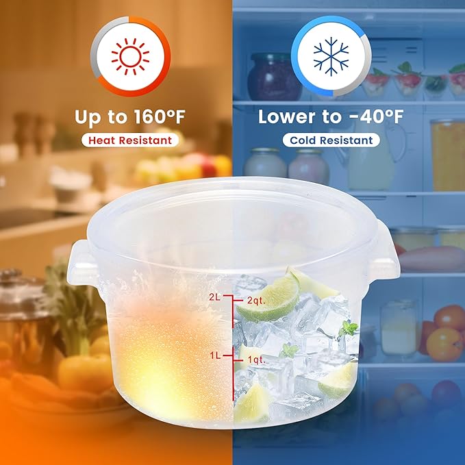 4 Pack 2QT Round Food Storage Containers with Lids, BPA-Free Polypropylene NSF Commercial Food Container, with Labels & Measuring Cup
