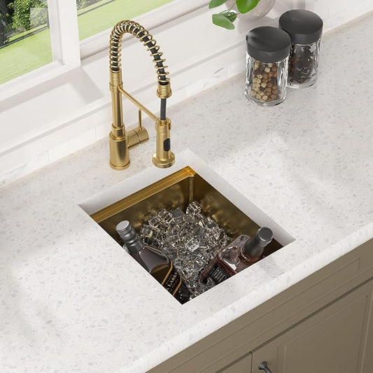 Lordear Gold Undermount Bar Sink 15x18x9 Inch Kitchen Sink Workstation 16 Gauge Stainless Steel Small Single Bowl