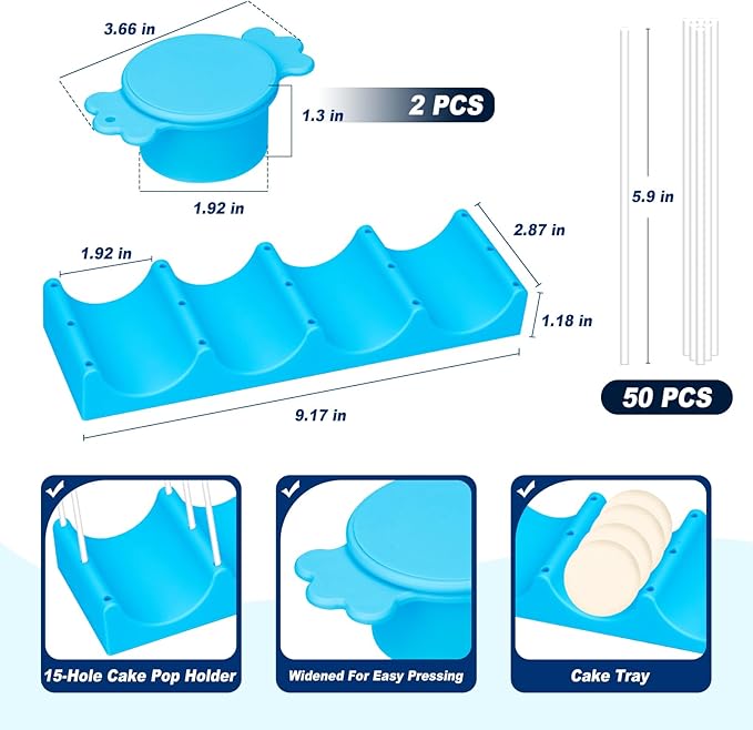 Silicone Cake Pop Mold Set, Round Cake Pop Cutter with Pusher, Tray and 50 Sticks, 15-Hole Cake Pop Holder, DIY Baking Molds Kit for Parties, Wedding, Home Desserts Making - Blue